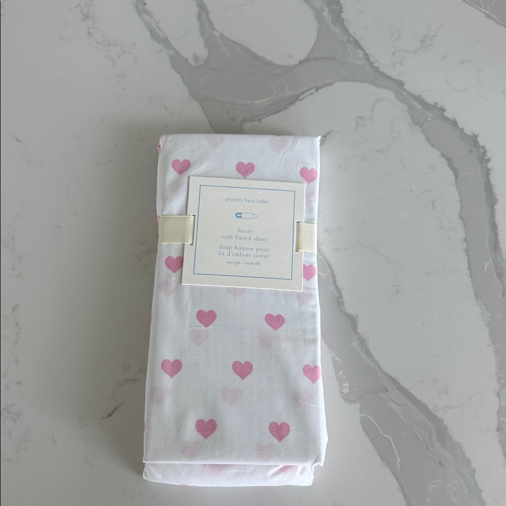 NWT Pottery Barn Kids White Crib Sheet with Light Pink Hearts